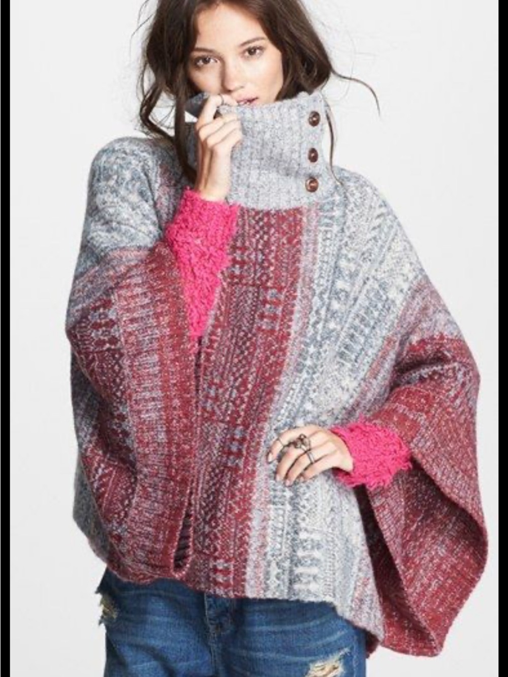 Free People Willow Poncho Sweater S Wool Alpaca Gray Burgundy Boho